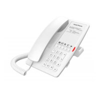 A white hotel phone with multiple buttons and a label reading "Hotel Phone" on a white background