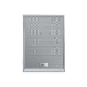 A wall-mounted speaker with a metallic grille and a brand logo at the bottom center.