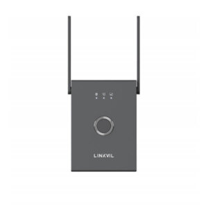 Front view of a Linkvil wireless router with two external antennas and a central control button.