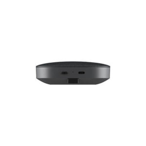 Front view of a black streaming media player with various ports and button on a white background