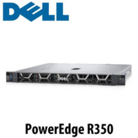 A sleek, 1U rack-mounted server showcasing the Dell logo and model name PowerEdge R350.