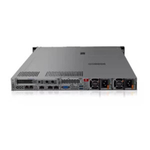 A rear view of a sleek, modern server rack unit showcasing multiple ports and dual power supplies.