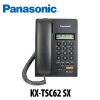 A black cordless telephone from Panasonic featuring an LCD display and a keypad.
